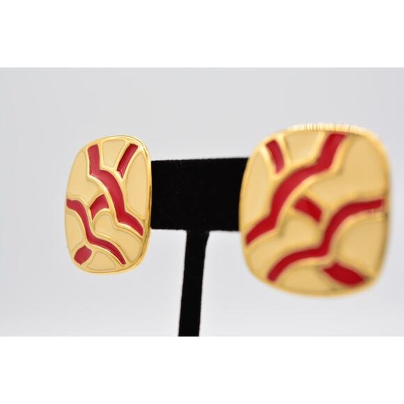 Monet Vintage Earrings Red Off White Cream Enamel Gold Chunky Tone 1970s BinAO - Picture 3 of 12